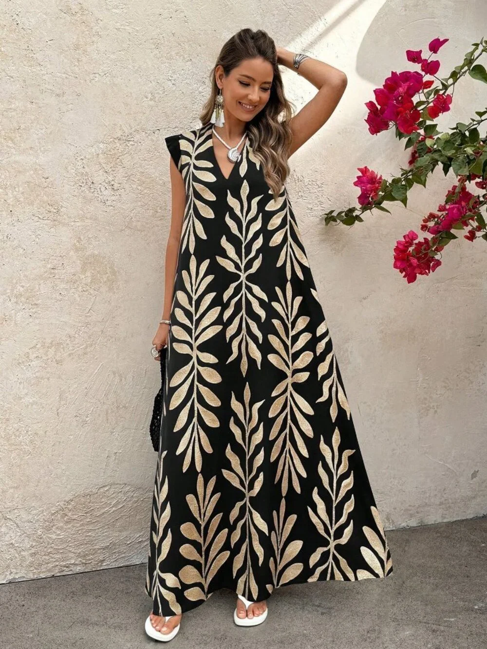 Multicolor Casual Women's Leaf Patterned Dress - Picture 4 of 4